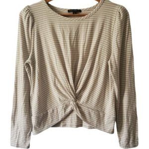 Haute Monde Women's White Striped Twisted Front Hem Long Sleeve Shirt Tan Large